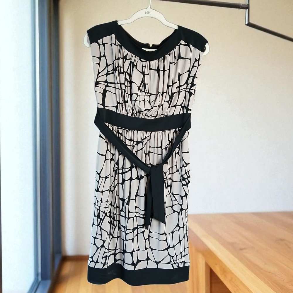 Maggy London Black and Cream Web Pattern Midi Dress